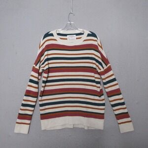 REI Cooperative Sweater Large Waffle Knit Rainbow Stripe Cotton Colorful Cabin